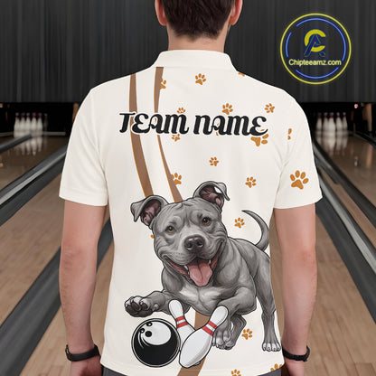 Custom Funny Pitbull Dog Bowling Men Polo Shirts, Dog Paw Print Bowler Outfit IPHW10249