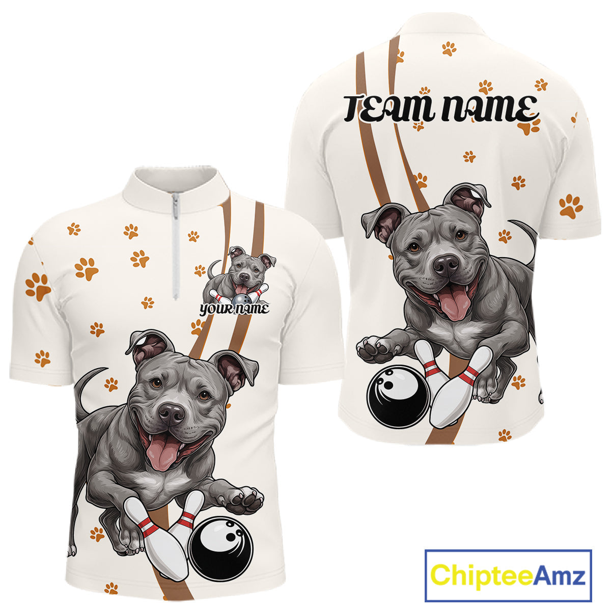 Custom Funny Pitbull Dog Bowling Men Quarter-Zip Shirts, Dog Paw Print Bowler Outfit IPHW10249