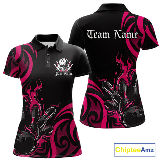 Custom Black And Pink Tribal Flame Bowling Women Shirts, Bowling League Shirt Team Jerseys IPHW10737