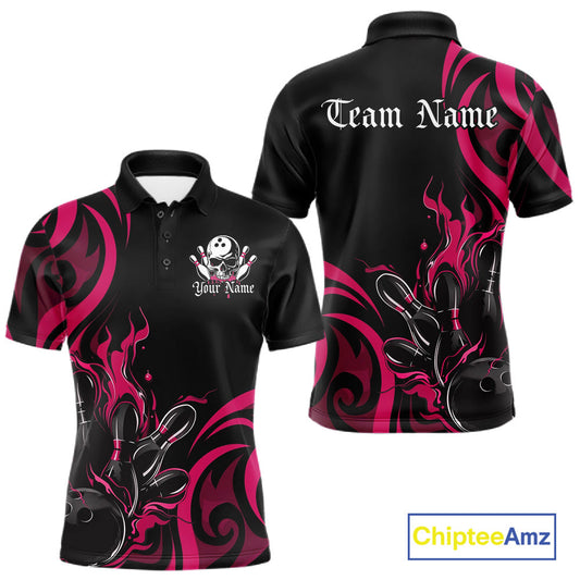 Custom Black And Pink Tribal Flame Bowling Men Shirts, Bowling League Shirt Team Jerseys IPHW10737