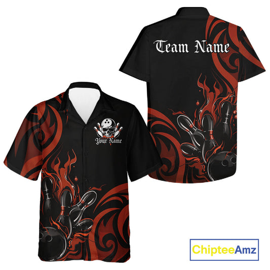 Custom Black And Orange Tribal Flame Bowling Men And Women Shirt, Bowling League Shirt Team Jerseys IPHW10738