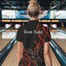 Load image into Gallery viewer, Custom Black And Orange Tribal Flame Bowling Women Shirt, Bowling League Shirt Team Jerseys IPHW10738