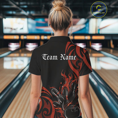Custom Black And Orange Tribal Flame Bowling Women Shirt, Bowling League Team Jerseys IPHW10738