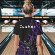 Load image into Gallery viewer, Custom Black And Purple Tribal Flame Bowling Women Shirt, Bowling League Team Jerseys IPHW10741
