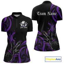 Load image into Gallery viewer, Custom Black And Purple Tribal Flame Bowling Women Shirt, Bowling League Team Jerseys IPHW10741