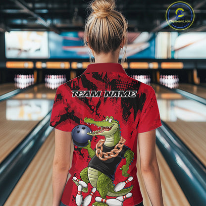 Red Custom Funny Alligator Bowling Women Shirt, Bowling Team Jerseys Bowler Outfit IPHW10772
