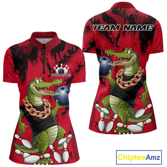 Red Custom Funny Alligator Bowling Women Shirt, Bowling Team Jerseys Bowler Outfit IPHW10772