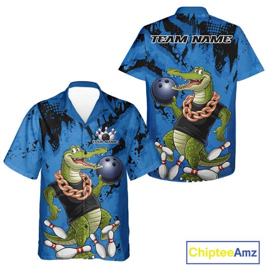 Blue Custom Funny Alligator Bowling Men And Women Hawaiian Shirt, Bowling Team Jerseys Bowler Outfit IPHW10773