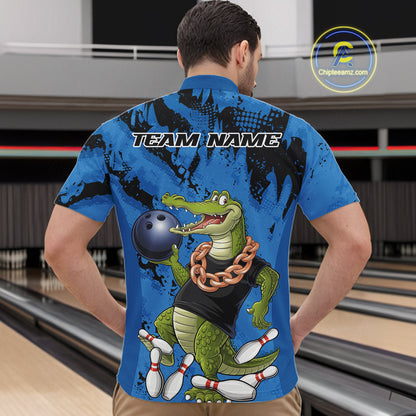 Blue Custom Funny Alligator Bowling Men Quarter-Zip Shirt, Bowling Team Jerseys Bowler Outfit IPHW10773