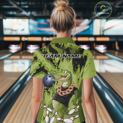 Green Custom Funny Alligator Bowling Women Polo Shirt, Bowling Team Jerseys Bowler Outfit IPHW10774