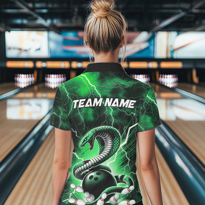 Green Thunder Lightning Custom Cobra Snake Bowling Polo Shirt For Women, Bowling Team Shirt IPHW8896