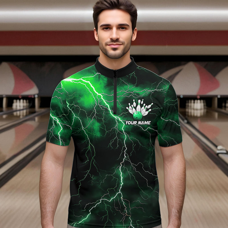 Green Thunder Lightning Custom Cobra Snake Bowling Quarter-Zip Shirts For Men, Bowling Team Shirt IPHW8896