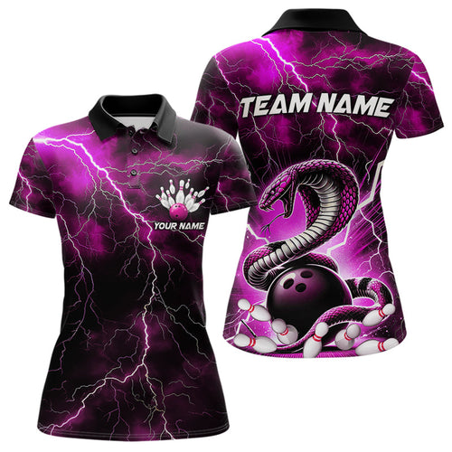 Pink Thunder Lightning Custom Cobra Snake Bowling Polo Shirts For Women, Bowling Team Shirt IPHW8899