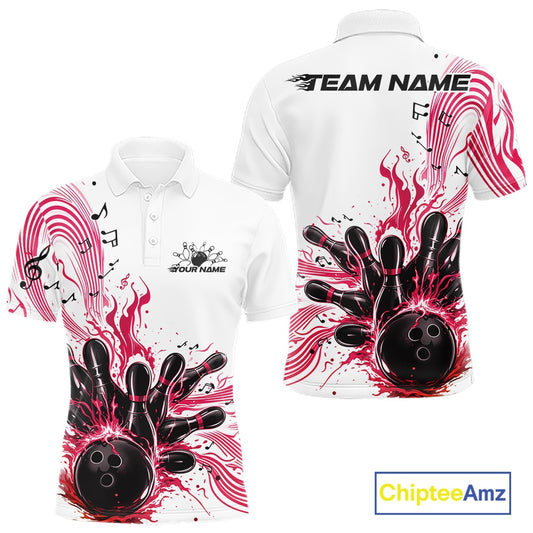 Front and back views of a white and pink mens bowling polo shirt showcasing bowling pins, a bowling ball, and music-themed wave artwork.
