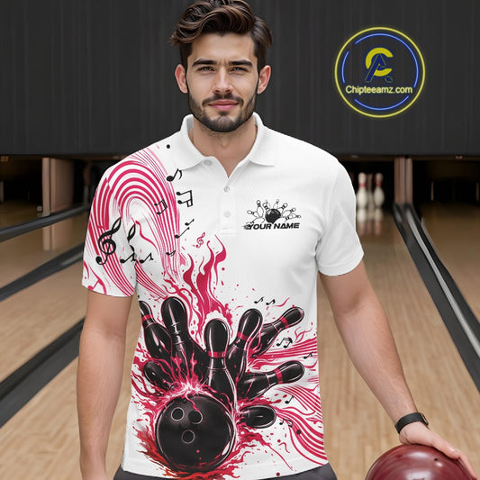 Male model wearing a white and pink bowling polo shirt at the lane with musical bowling graphics and flowing note accents.