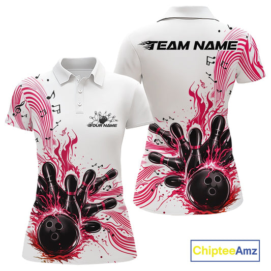 Front and back views of a white and pink womens bowling polo shirt featuring bowling pins, a bowling ball, and flowing music note artwork.