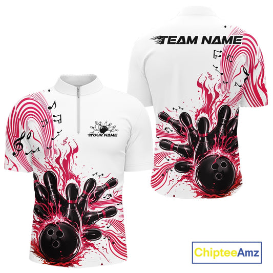 Front and back views of a white and pink mens bowling quarter-zip shirt featuring bowling pins, a bowling ball, and music-inspired wave graphics.