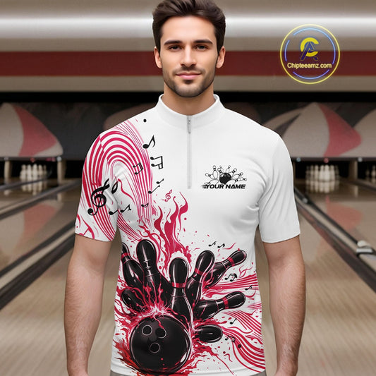 Male model wearing a white and pink bowling quarter-zip shirt at the bowling lane with musical bowling artwork and flowing note accents.