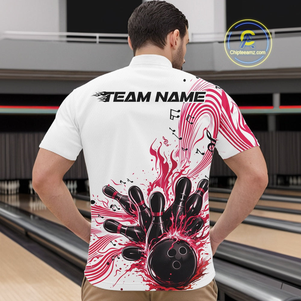Front view of a male model in a white and pink bowling quarter-zip shirt showcasing bowling strike graphics and music note waves.