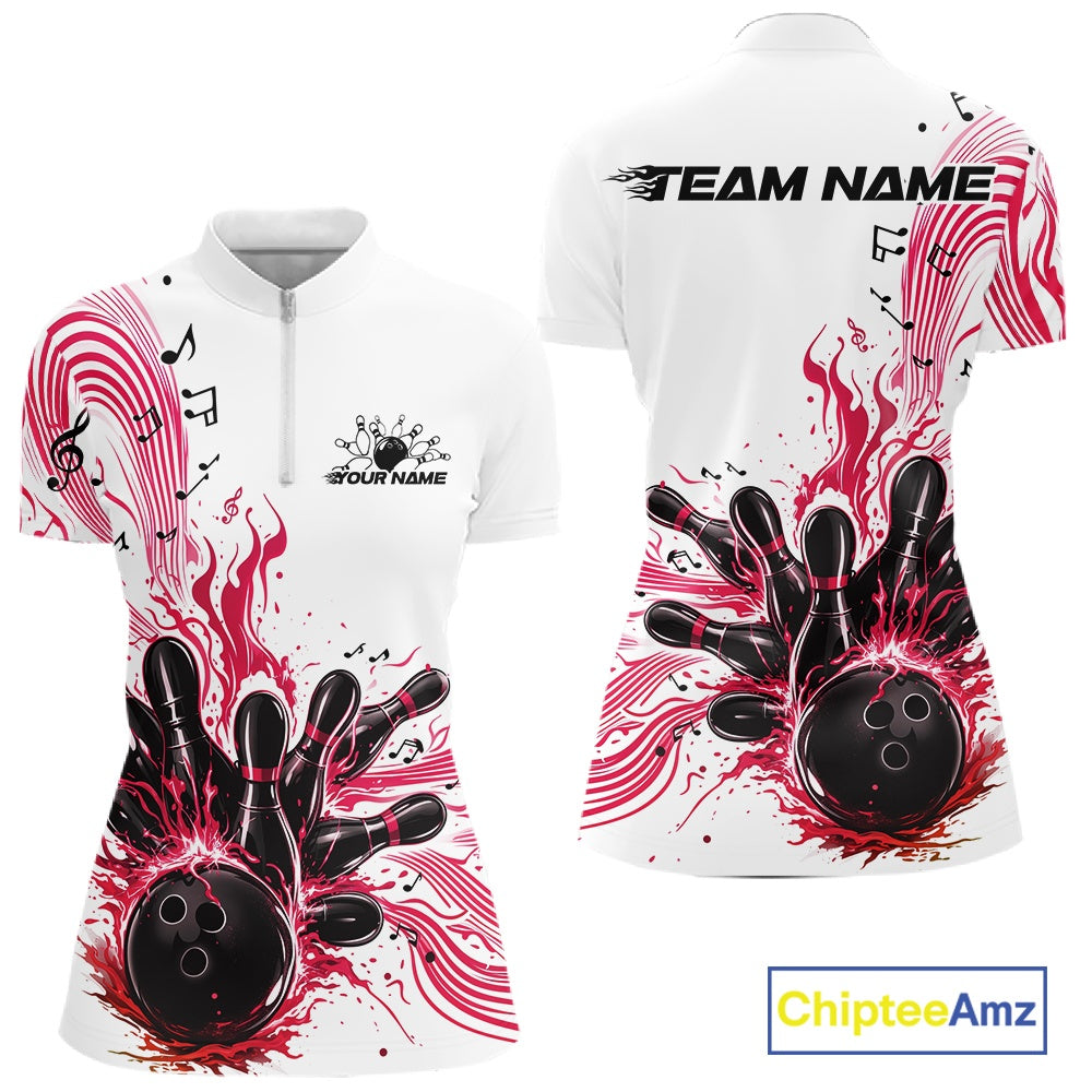 Front and back views of a white and pink womens bowling quarter-zip shirt showcasing bowling pins, a bowling ball, and music note waves.