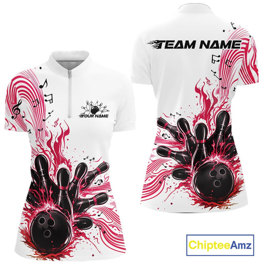 Front and back views of a white and pink womens bowling quarter-zip shirt showcasing bowling pins, a bowling ball, and music note waves.