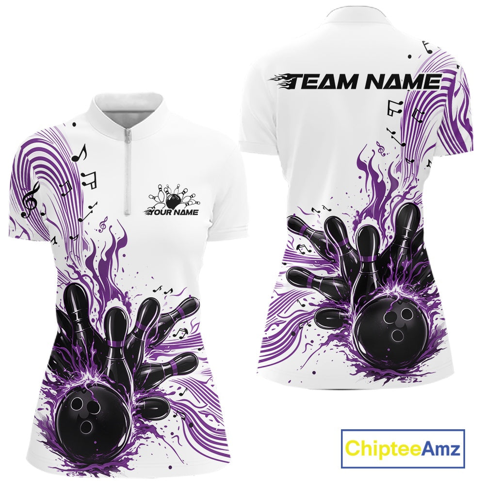Front and back views of a white and purple womens bowling quarter-zip shirt showcasing bowling pins, a bowling ball, and music note wave accents.