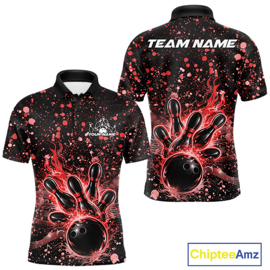 Front and back views of a black mens bowling polo shirt featuring flaming bowling artwork with red paint splatter details.