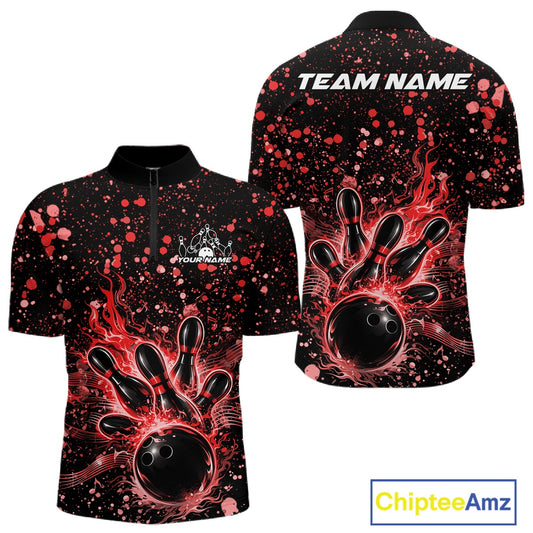 Front and back views of a black mens bowling quarter-zip shirt featuring flaming bowling artwork with red paint splatter music accents.