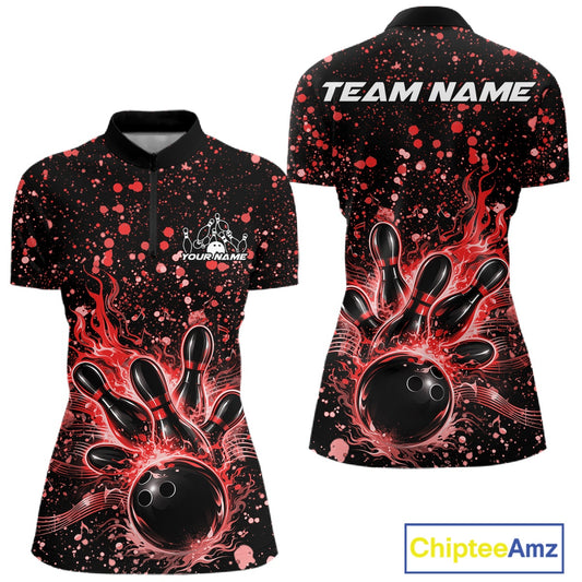 Front and back views of a black womens bowling quarter-zip shirt featuring flaming bowling artwork and red paint splatter details.