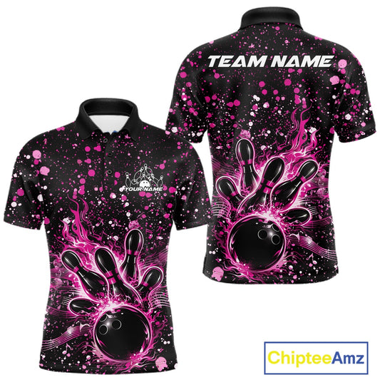 Front and back views of a black mens bowling polo shirt featuring a flaming bowling ball striking pins with pink paint splatter artwork.