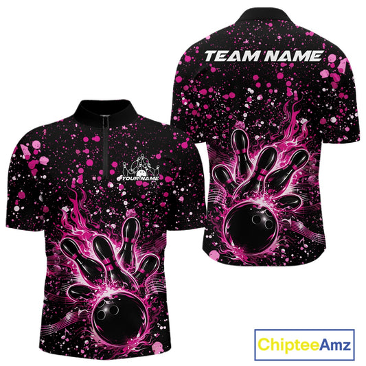 Front and back views of a black mens bowling quarter-zip shirt featuring a flaming bowling ball striking pins with pink paint splatter music artwork.