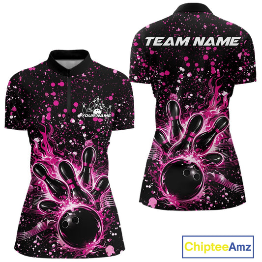 Front and back views of a black womens bowling quarter-zip shirt featuring a flaming bowling ball and pink paint splatter music artwork.