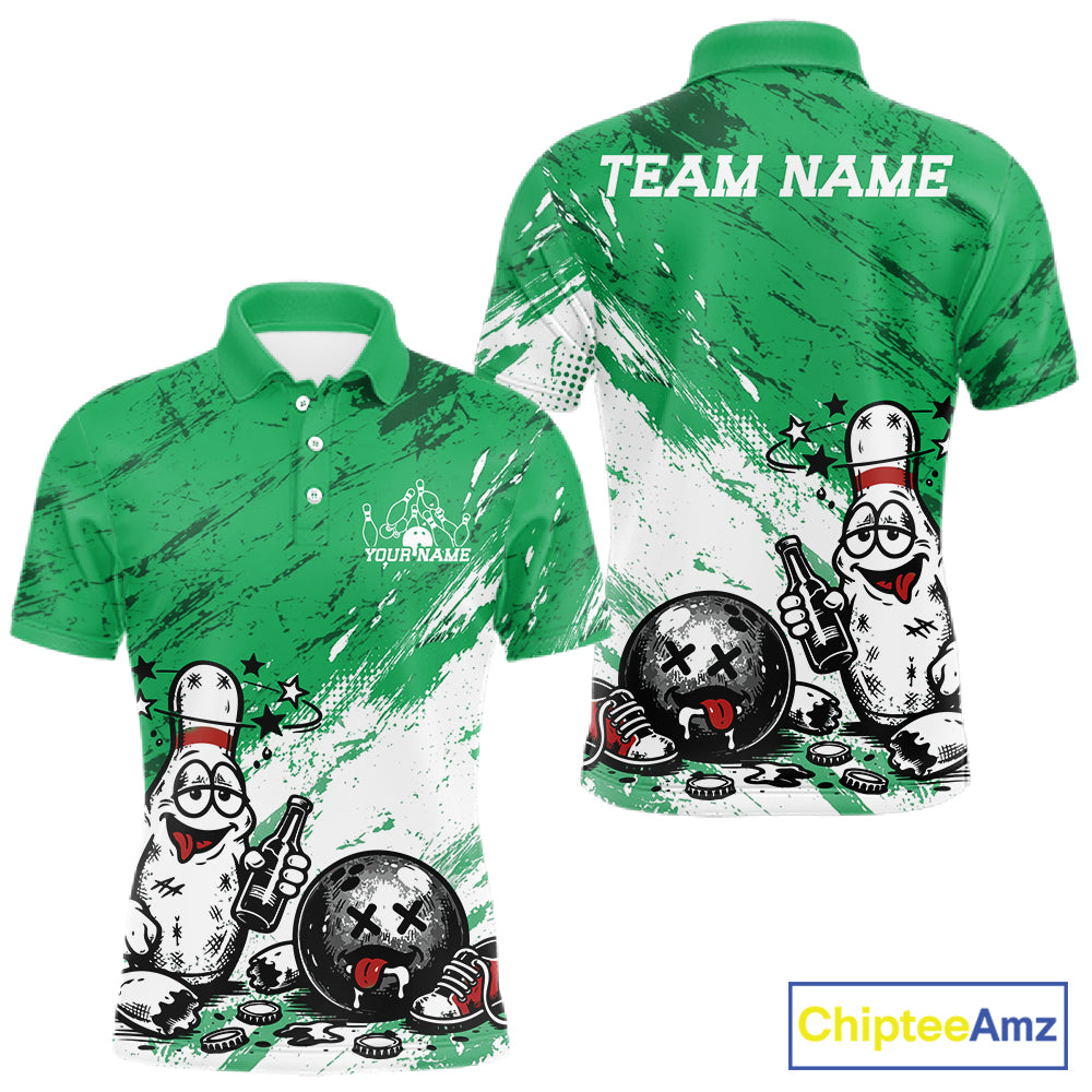 Green and white personalized bowling polo shirt featuring funny drunk bowling pin and ball graphic print