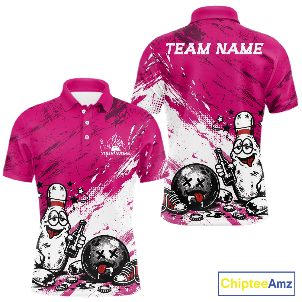 Hot pink and white personalized bowling polo shirt featuring funny drunk bowling pin and ball graphic print
