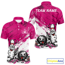 Load image into Gallery viewer, Hot pink and white personalized bowling polo shirt featuring funny drunk bowling pin and ball graphic print
