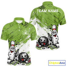 Load image into Gallery viewer, Olive green and white personalized bowling polo shirt featuring funny drunk bowling pin and ball cartoon character
