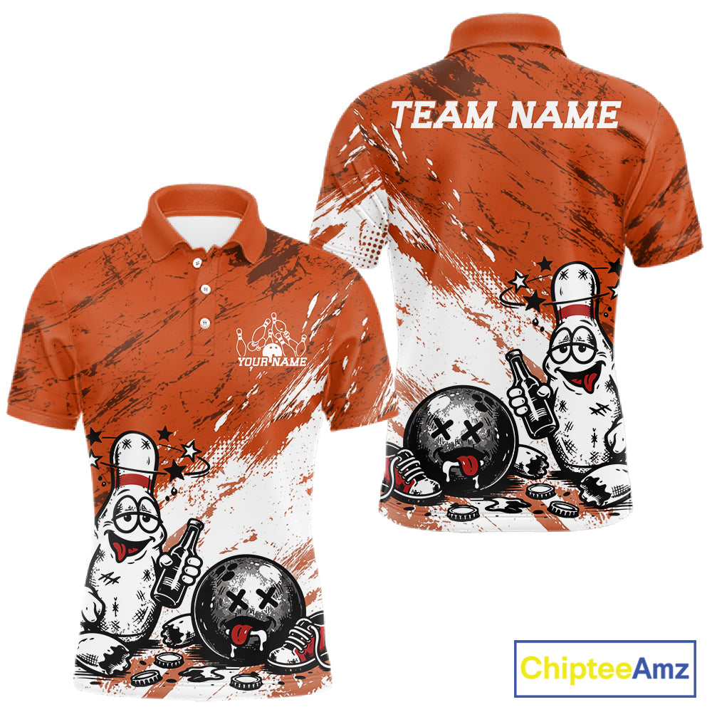 Orange and white personalized bowling polo shirt featuring funny drunk bowling pin and ball graphic print