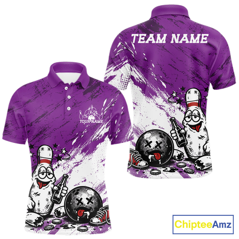 Purple and white personalized bowling polo shirt featuring funny cartoon bowling pin and ball graphic print