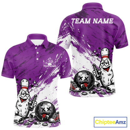 Purple and white personalized bowling polo shirt featuring funny cartoon bowling pin and ball graphic print