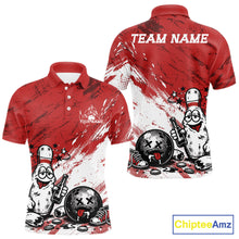 Load image into Gallery viewer, Vibrant red customized bowling polo shirt with funny drunk cartoon pin and ball graphic design
