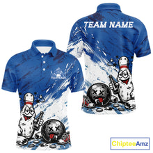 Load image into Gallery viewer, Royal blue personalized bowling polo featuring funny drunk pin and ball cartoon graphic