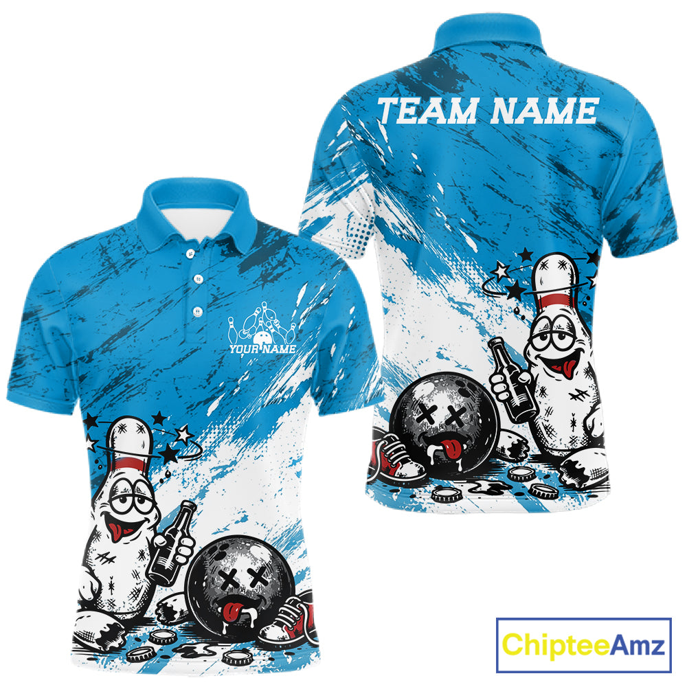 Sky blue custom bowling jersey with funny cartoon bowling ball, pin and beer graphic print