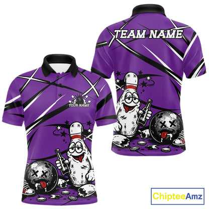 Purple Bowling shirt with funny drunk bowling ball and pins cartoon design