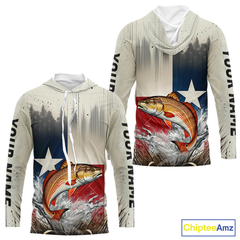 Custom Texas Flag Redfish Puppy Drum Long Sleeve Hooded Tournament Fishing Shirt IPHW9351