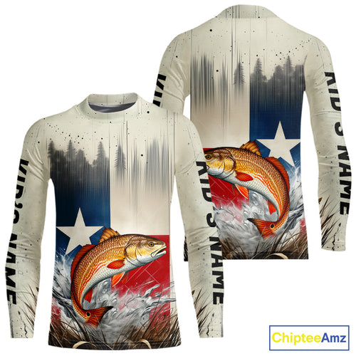 Custom Texas Flag Redfish Puppy Drum Kid Long Sleeve Tournament Fishing Shirt IPHW9351