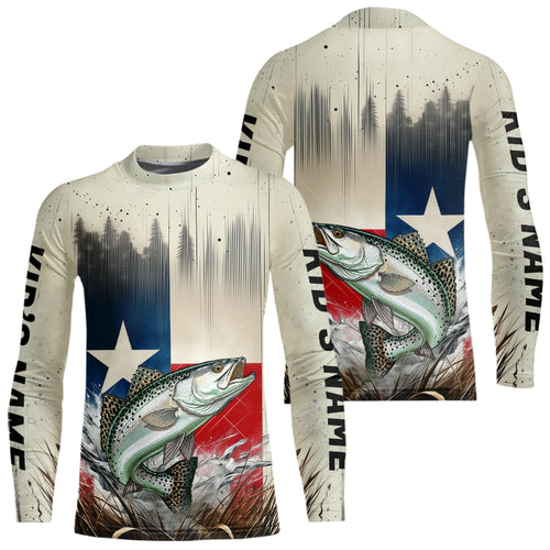Custom Texas Flag Spekcled Trout Kid Long Sleeve Tournament Fishing Shirt IPHW9352