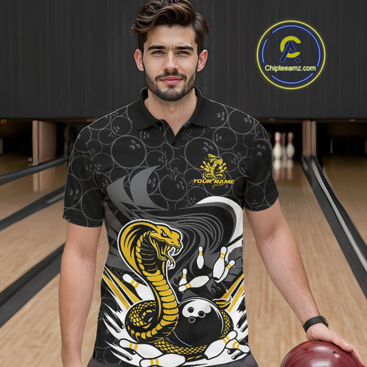Custom Black And Yellow Cobra Snake Bowling Polo Shirts For Men, Cobra Bowling Team Shirt IPHW9699