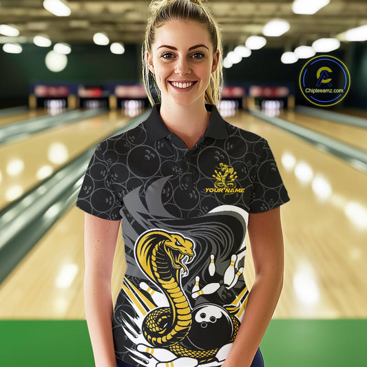 Custom Black And Yellow Cobra Snake Bowling Women Polo Shirts, Cobra Bowling Team Shirt IPHW9699