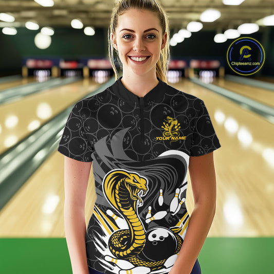 Custom Black And Yellow Cobra Snake Bowling Women Quarter-Zip Shirts, Bowling Team Shirt IPHW9699