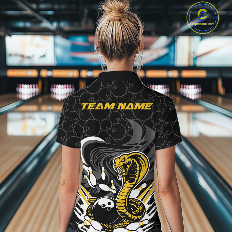 Custom Black And Yellow Cobra Snake Bowling Women Quarter-Zip Shirts, Bowling Team Shirt IPHW9699